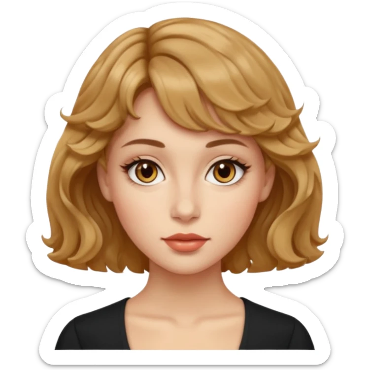 Dalgalı saçlı, hafif perçemli; kehribar gözlü, küçük kalkık burunlu ve dolgun dudaklı. Oval yüzlü, çıkık elmacık kemikli. Omuzları geniş, beli ince, kalçası dolgun.şık bir tarzda, dikkat çekici bir kadın. siyah üstü olucak. sticker