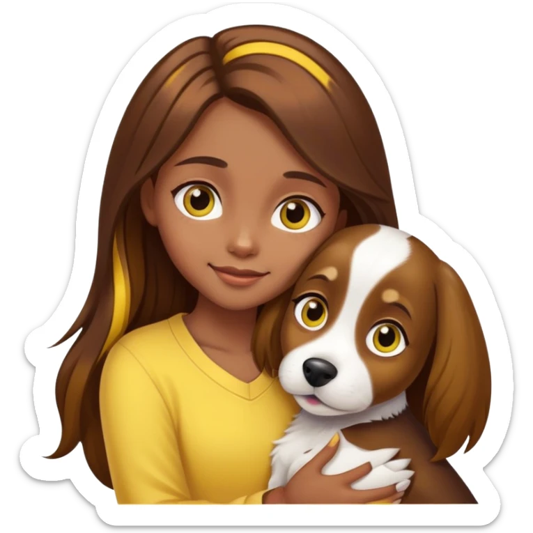 A girl with long brown hair with yellow highlights, big eyes and slightly dark skin happily hugs the dog tightly. The image size is 1:1 sticker