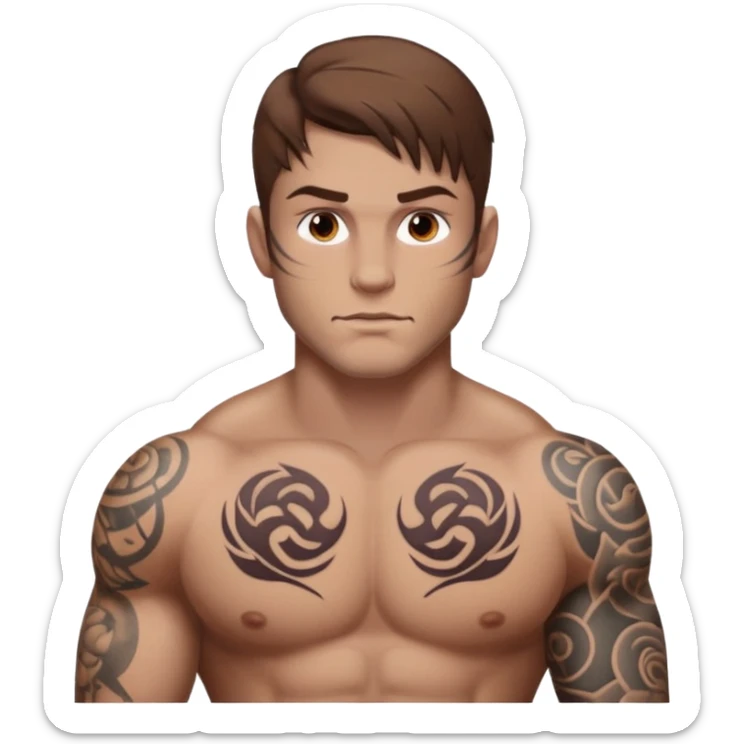 tattoo man, fair white skintone,brown hair, tattoos on face, more visible, bulky man with tattos on his chest, heavy tattoos. sticker