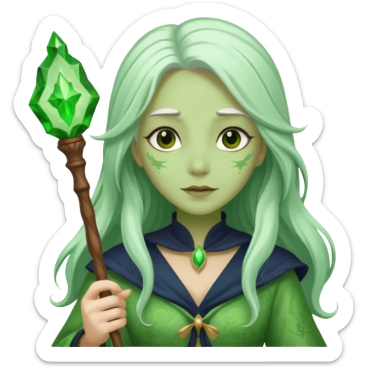 Woman with green skin color with long hair white color and carrying a magic wand sticker
