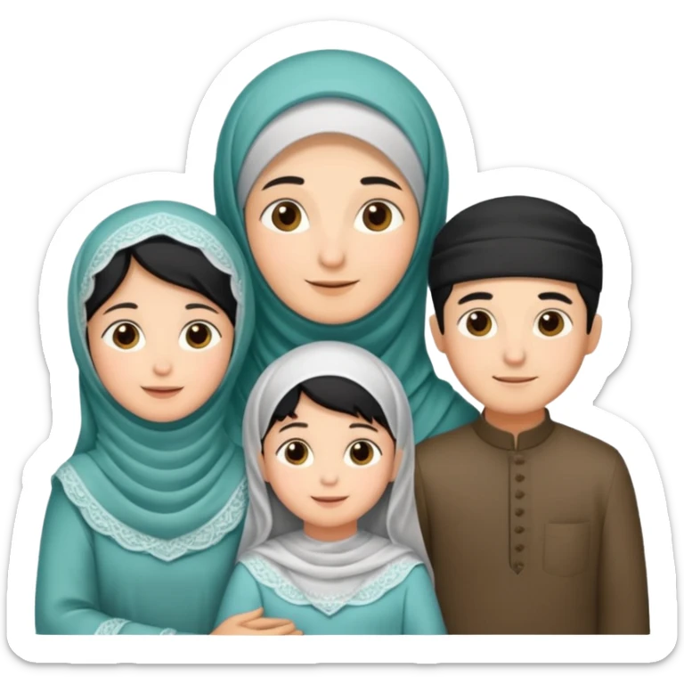 Lebaran. Keluarga terdiri dari Ayah dan ibu, 3 orang anak yang terdiri dari dua anak laki-laki dan seorang anak perempuan yang merupakan anak terkecil. Ibunya menggunakan cadar. sticker