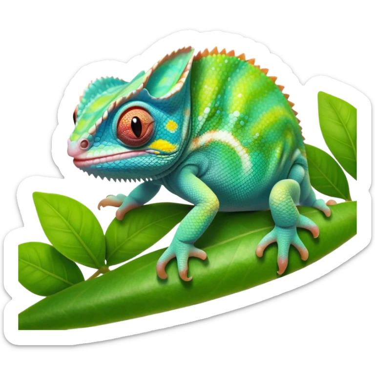 cinematic cute-smiling baby chameleon-realistic emoji,-blending-with-vibrant-greenery.-detailed-scales-in-shifting-colors,-showing-the-chameleon’s-ability-to-camouflage.-soft-natural-light-highlights-its-texture.-light-background, zoomed into its face sticker