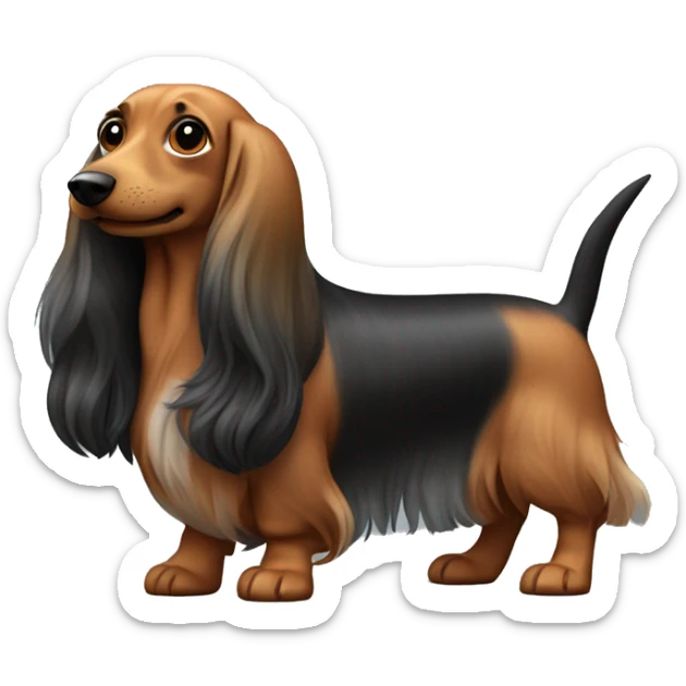 Wiener dog with long hair, brown, black and grey with Carmel color paws  sticker