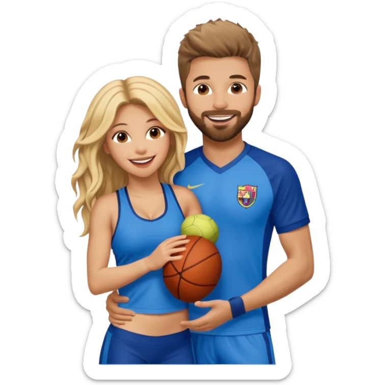 Shakira with blue eyes and her husband  Gerard pique with blue eyes  holding her in his arms. They both laugh at each other. Its beautiful and romantic. Also their outfits are very sporty and cool  sticker