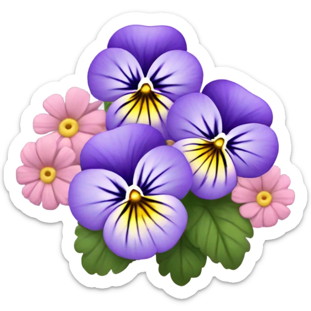 composition of aesthetically pleasing violet pansies, pastel pink daisies set against a background of a rosy vintage-style perfume bottle  sticker
