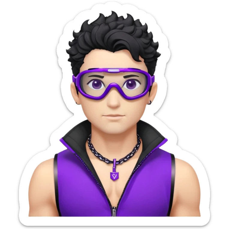 male athlete with white skin and moderately curly black hair on top with shaved sides, wearing ski goggles with purple frames and very dark black lenses, a simple plain black chain necklace, and an open shiny purple vest showing his chest and abs, no earrings sticker