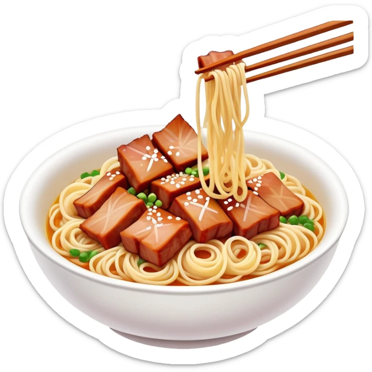 Cantonese Wonton Noodles with char siu pork, simplified emoji style with bold outlines and bright colors, cartoon style Hong Kong style thin egg noodles sticker