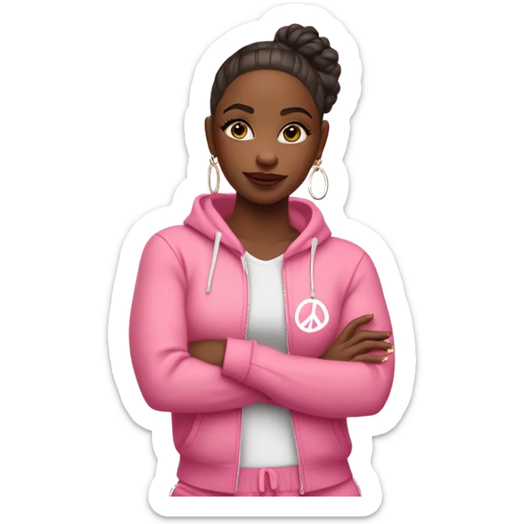 Girl emoji: pink tracksuit, hoop earrings, pink lips, lashes, nails. Poses: peace sign, nails, phone, arms crossed. full body sticker