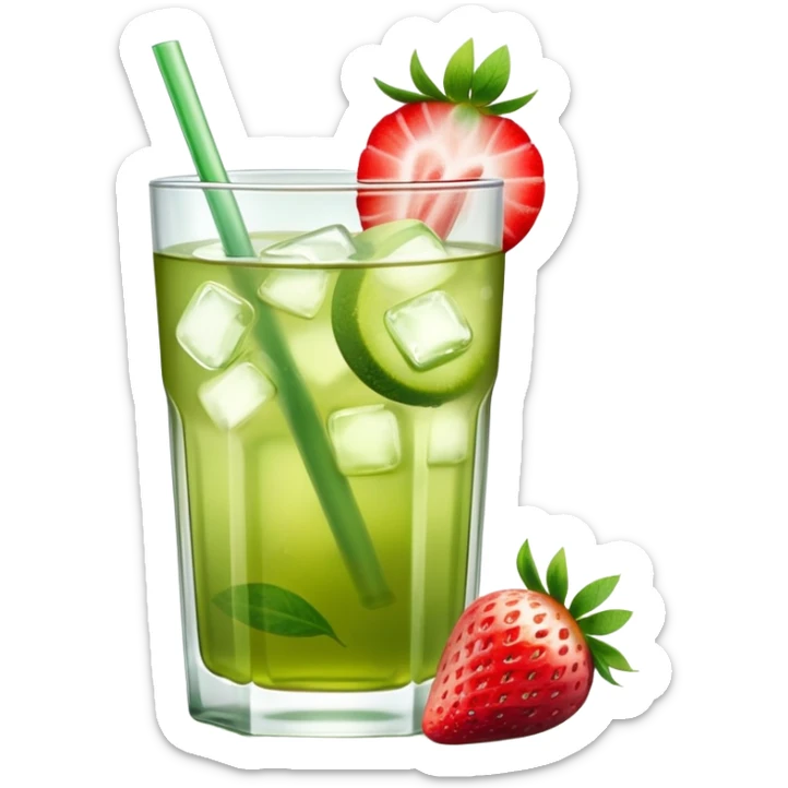 glass of iced green tea with strawberry slices sticker