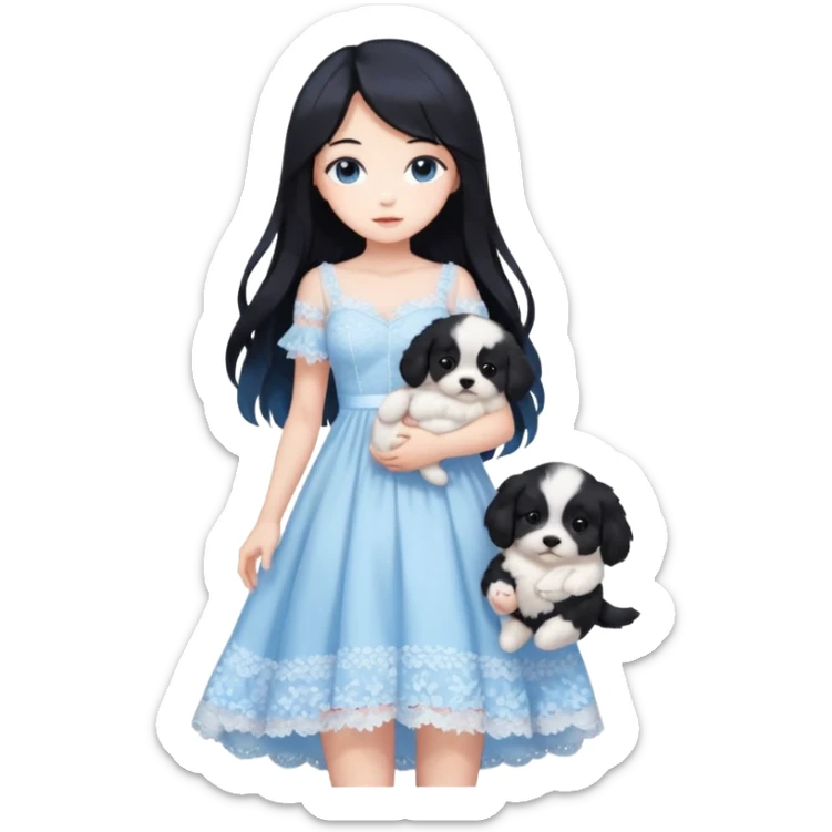 Pastel anime lady long hair with long lace dress full body holding puppy aesthetic background sticker