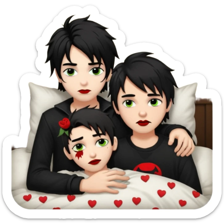 pale Goth boy with a bunch of face piercings, with shaggy dark brown hair, and messy black eyeliner , smudged, red, lipstick , having a slumber party with a tan gamer boy with long black hair  sticker
