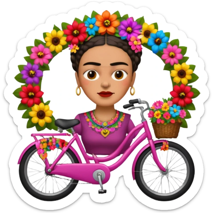 Frida Kahlo on a bike, surrounded by flowers, iconic unibrow, apple emoji style sticker
