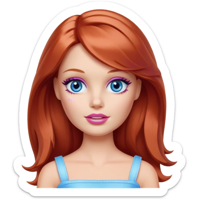 Barbie girl Chestnut-red Shoulder-length hair and blue eyes is In pale purple smears by hand cosmetic cream on her face sticker