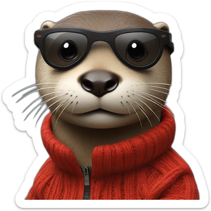 An otter weathering a red jumper with a pair of black sun glasses sticker