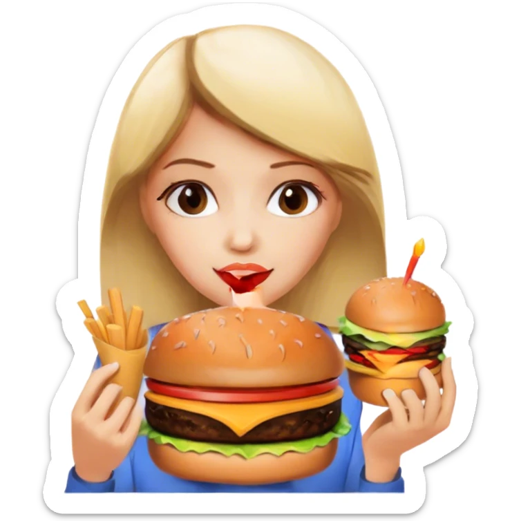 Birthday girl with blonde and brunette hair eating a burgee sticker