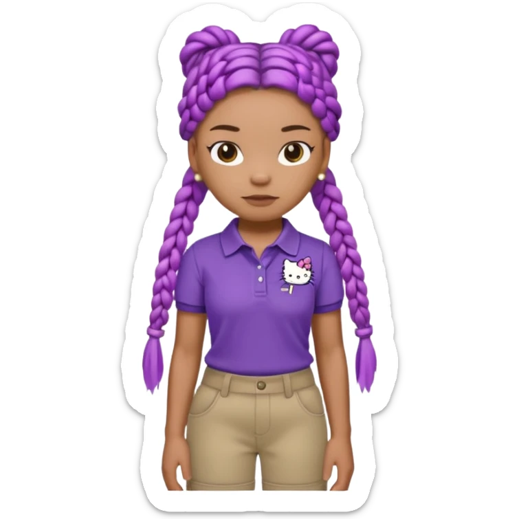 hello kitty wearing purple polo shirt and kyaki pants with long box braids baddie sticker