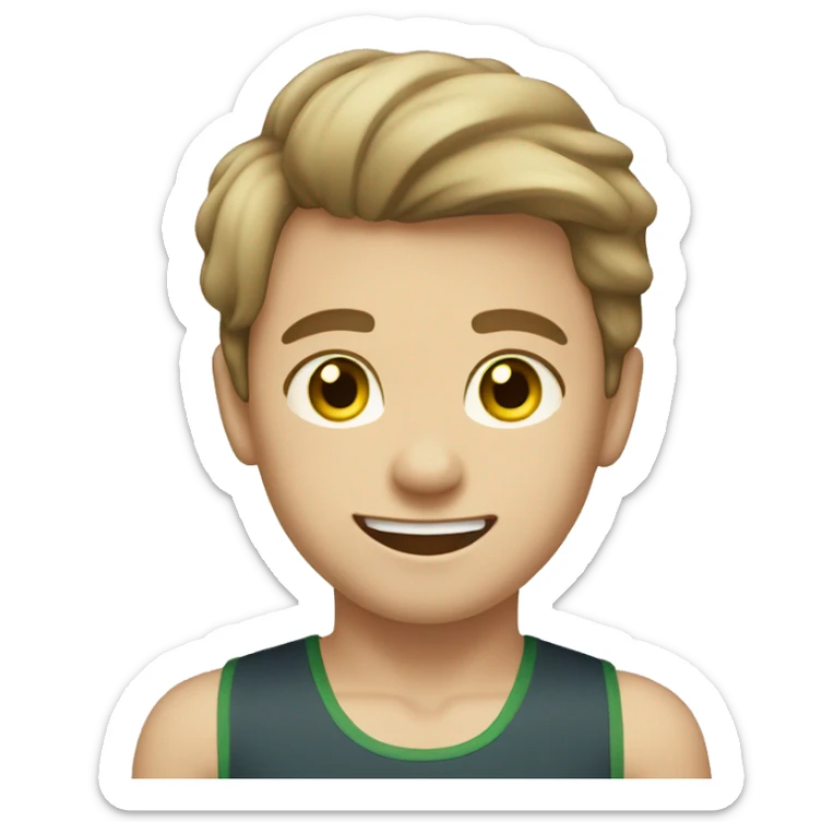 A boy with light brown hair, greenish-yellow eyes, wearing a leotard and smiling. sticker