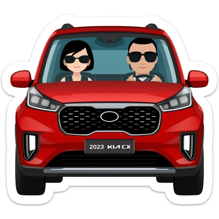 cx 5 2023 roja con conductor mujer de lentes negros y cabello negro chaparrita y copiloco de pelo corto negro y lentes negros, todo en caricatura sobre una avenida principal con paisaje verde sticker