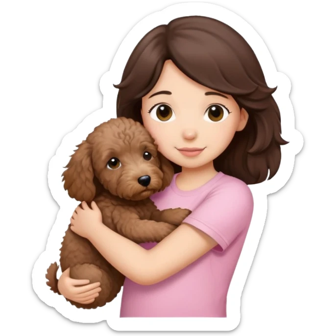 One girl with medium long dark brown hair dressing baby pink T-shirt, hugging One little brown coated labradoodle. sticker