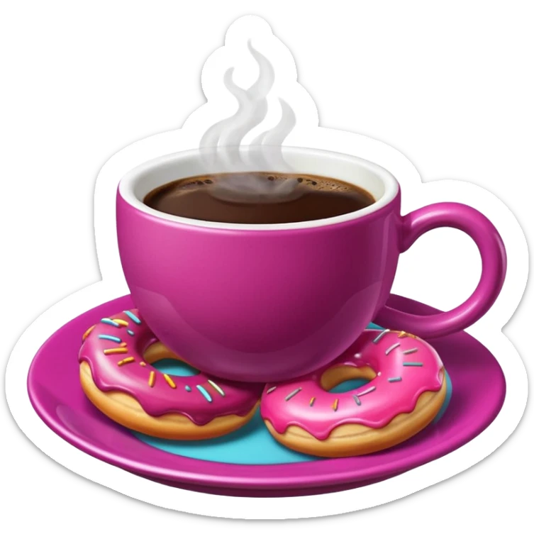 A steaming cup of coffee, magenta with a yellow butterfly print, sits on a magenta saucer with colorful donuts. sticker