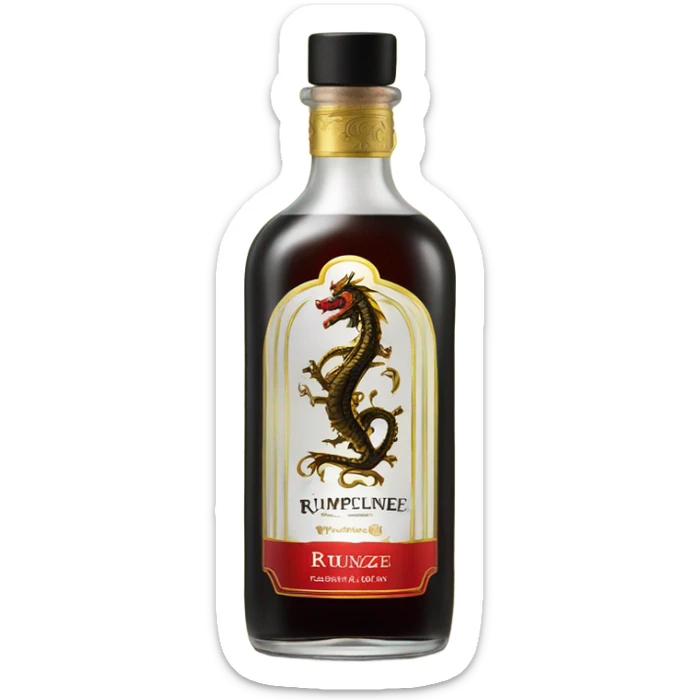 clear bottle of rumpleminze peppermint alcohol with a black and red label that has a small gold dragon on the label sticker