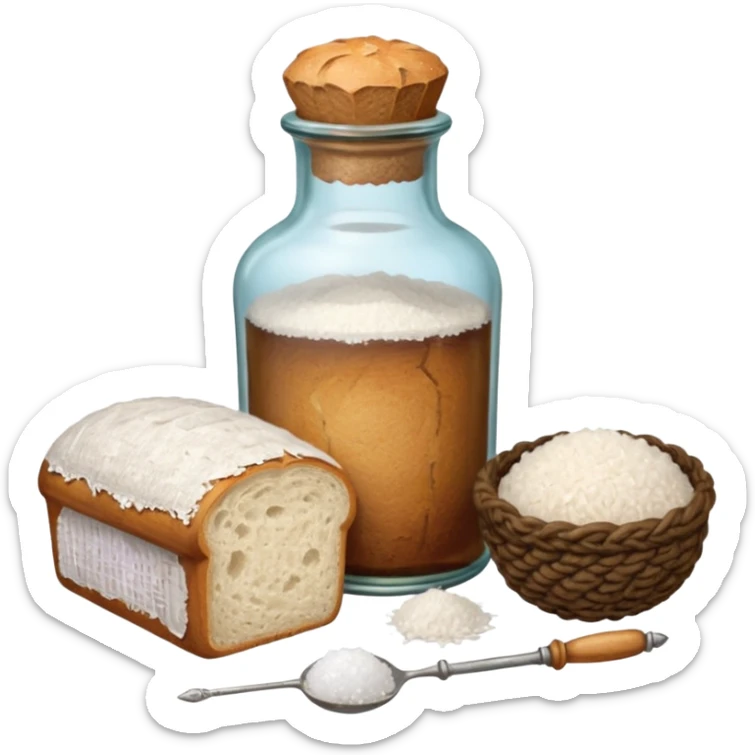 a one victorian bottle of salt and a loaf of bread - crochet needles and a ball of wool sticker