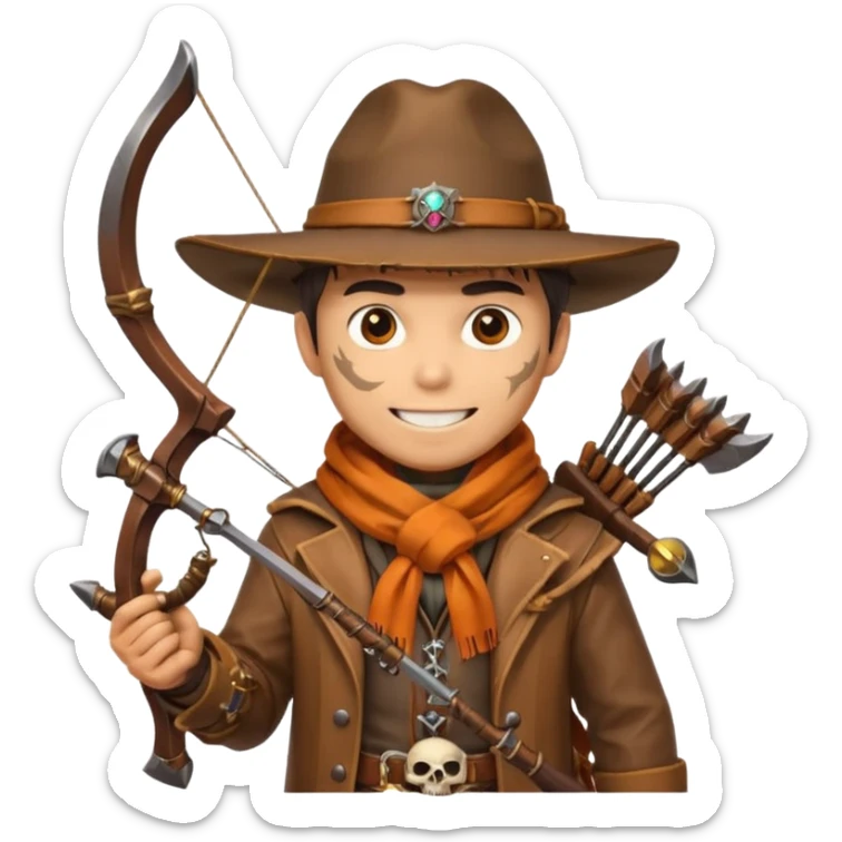 male human monster hunter emoji, wearing brown leather coat and wide hat, holding crossbow or rifle, with amulet shaped like skull, Halloween fantasy theme, confident smile, orange scarf, Apple emoji style, clean white background, square image sticker