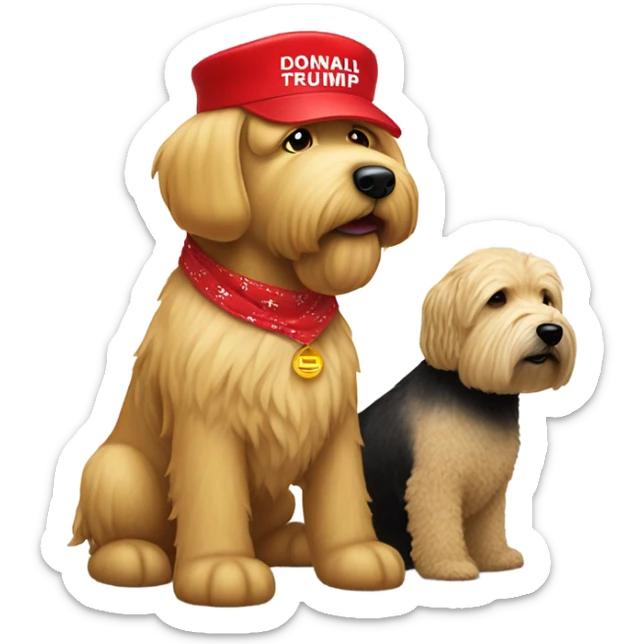 Real President Donald trump with a wheaten terrier wearing a red bandana sticker