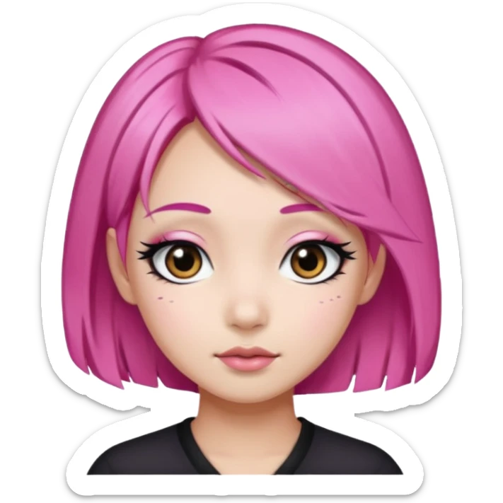 An Asian girl with pink hair, big eyes, thick eyebrows, and long eyelashes;  sticker