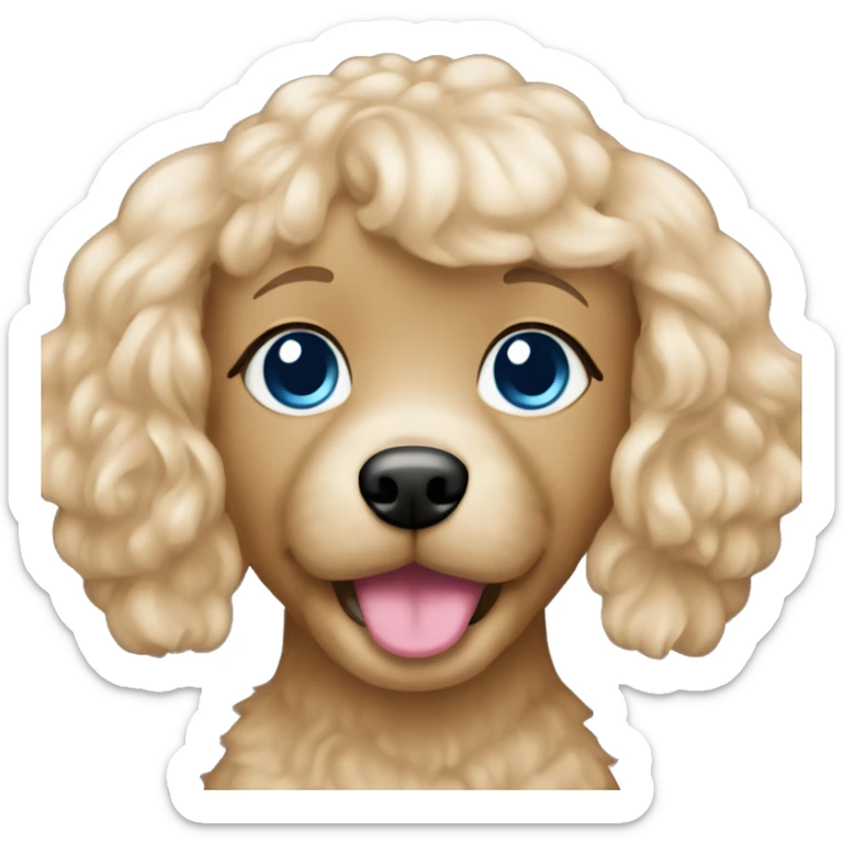 Blonde girl has long straight hair, blue eyes, pink lips with a brown maltipoo sticker