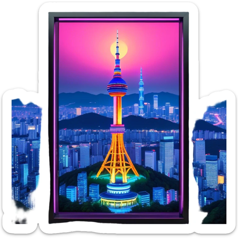 N Seoul Tower – Cinematic Realistic N Seoul Tower, depicted as a sleek modern tower illuminated against a vibrant cityscape at night, with reflective glass and dynamic neon lighting, rendered with intricate architectural detail and a futuristic urban glow. sticker