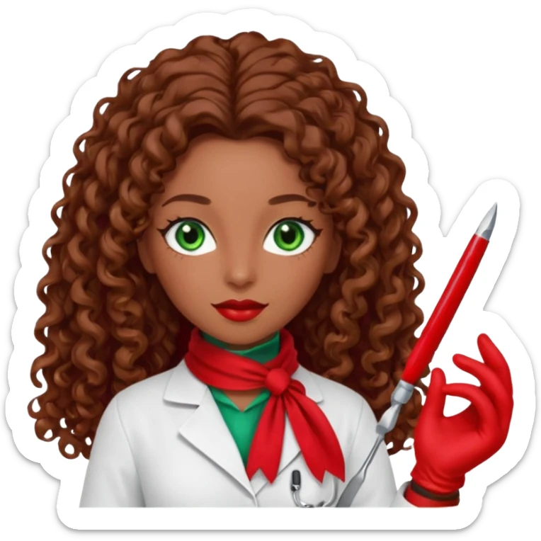 Lilith scalpel in hand, evil surgeon sexy surgeon clothes.  She has green  eyes. She brown long curly hair. Wears sexy doctor outfit with red gloves. Outfit is also red. hair is free and brown. Hides face by using a red scarf sticker