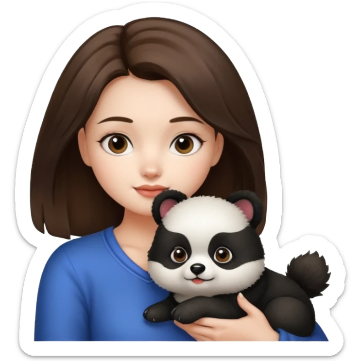 Girl with brunette hair is holding her dog thats a pomeranian and looks like a panda. sticker