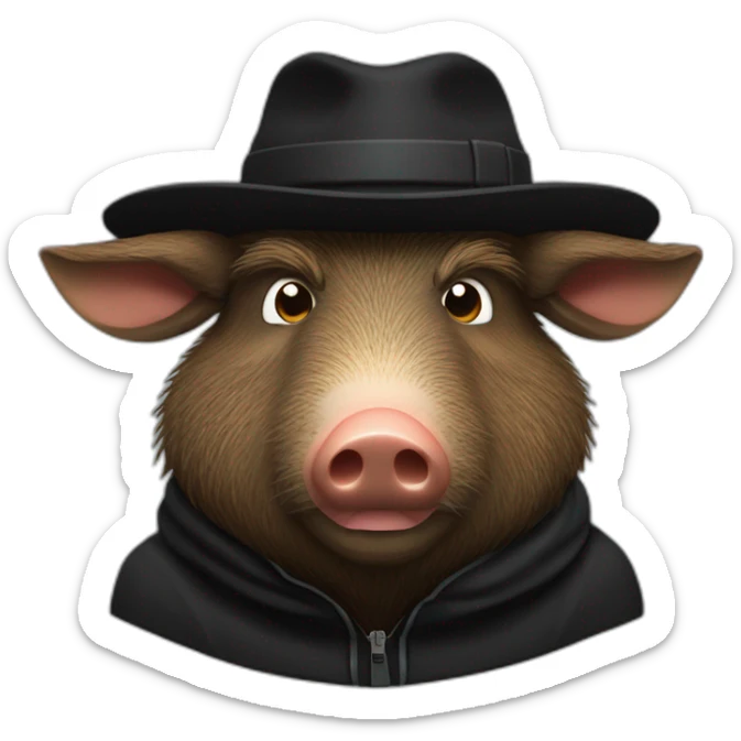 fullface wild brown boar tired of life with stubble in a black jacket and a black winter hat sticker