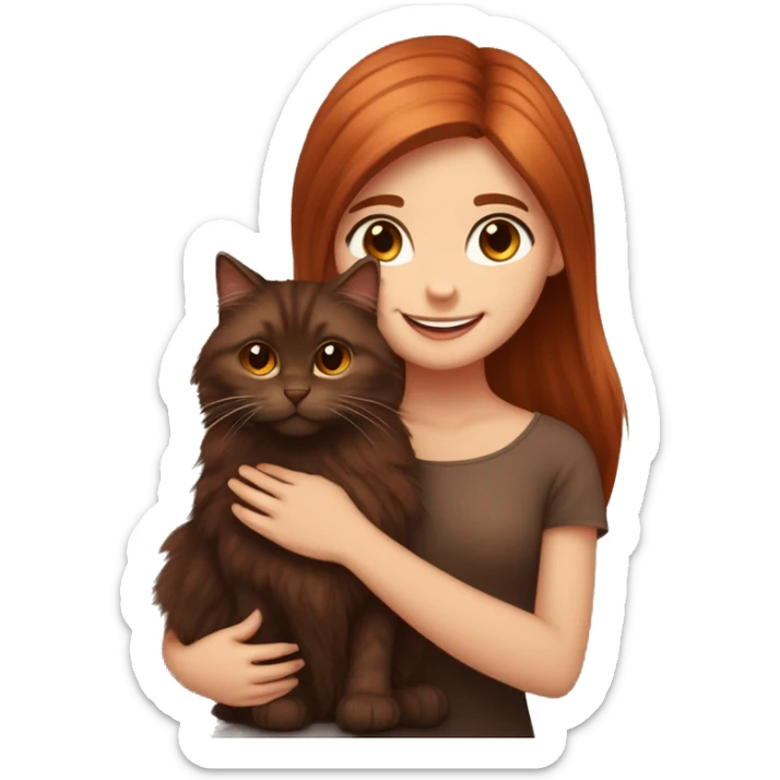 Copper red straight haired happy girl with dark  brown eyes hugging a fluffy dark brown Siberian cat sticker