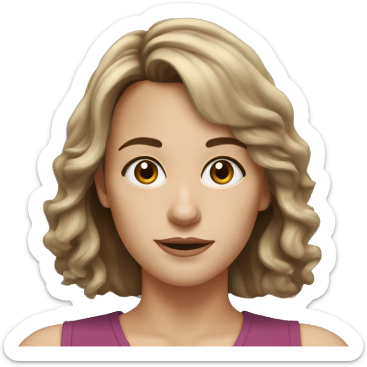 A white woman in her 30s with wavy shoulder length brown hair, bangs, hazel eyes sticker