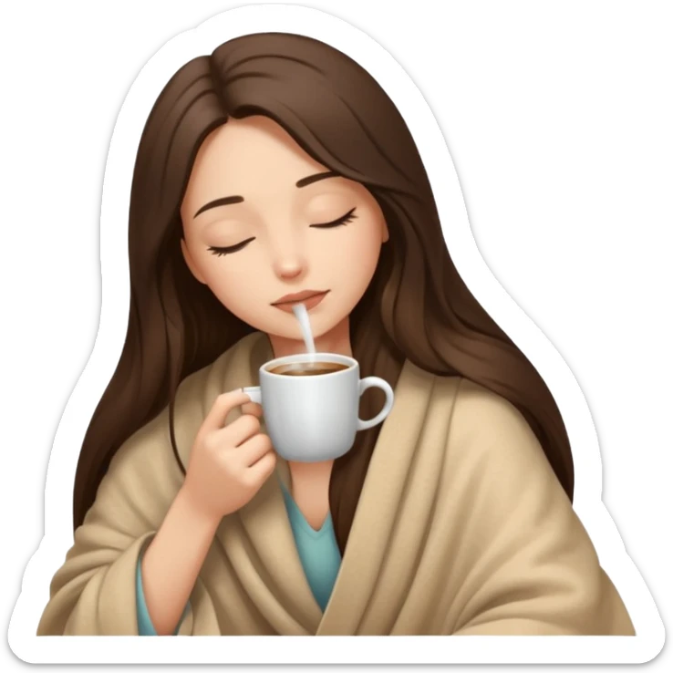 Brunette girl long hair inside a beige blanket sipping coffee eyes closed sticker