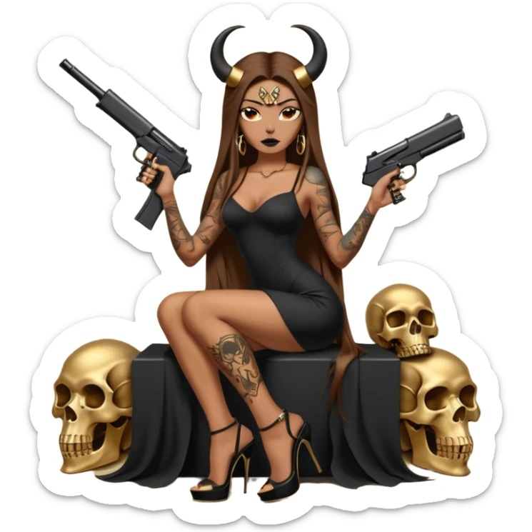 Sensual woman long brown straight haired sexy drug lord woman with tattoos on arm sleeves and black thick butt platform high heels on her feet, and devil black horns on her head, she is holding a skull head and a gun. Sitting on gold cases full of gold , long black dress with sexy slit sticker