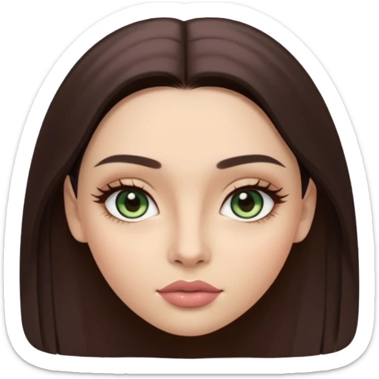 Girl with oval face with light skin. Long, straight, dark brown hair parted in the middle. Large, almond-shaped greenish chestnut eyes with light shimmer eyeshadow. Dark, naturally arched eyebrows. Slim nose with a defined bridge. Full, well-shaped lips with mauve gloss. sticker