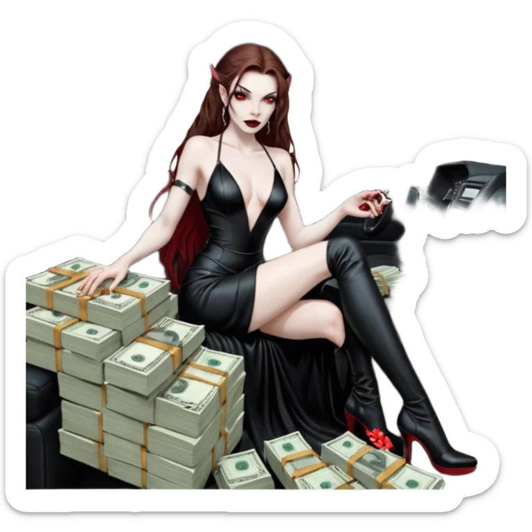 Lilith red eye seductress evil long brown haired sexy succubus woman with leather long dress with slit on, sitting in Big Large F350 pickup truck. Wearing super tall black platform high heels, Back seat full of stacks of cash, she is  Holding a human skull of her enemies and a gun in other hand sticker