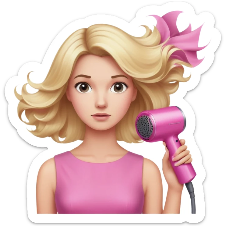 blonde woman in pink dress with pink Dyson hairdryer, hair blowing dramatically sticker