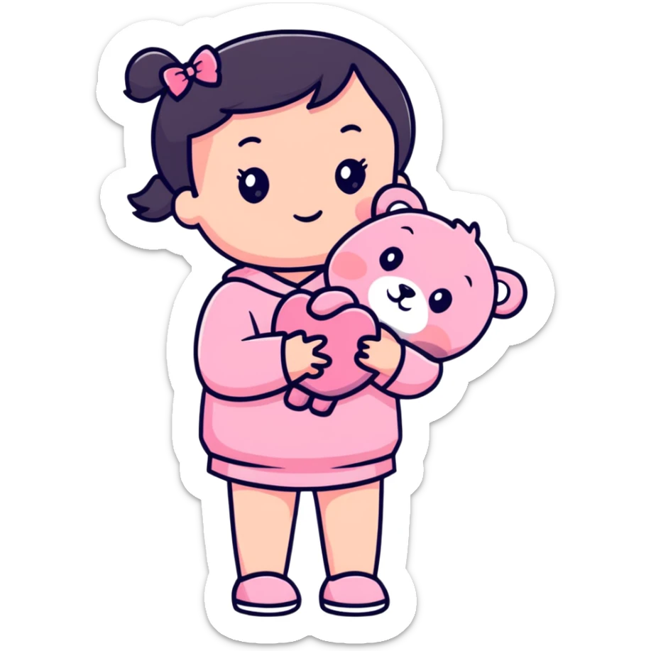 cute toddler girl with pastel pink clothes holding a pink teddy bear sticker