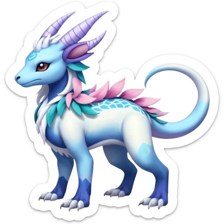 Shiny Glossy Pastel Light Divine Reptilian Beautiful Floral Snowy Pretty Absol-Amaura-Suicune-Cobalion-fusion, full body sticker