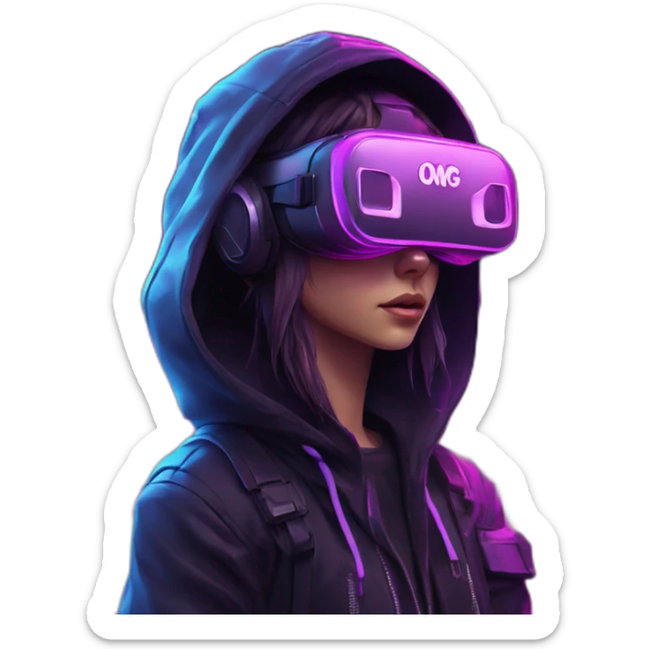 Nikulin Yurii wearing a black hoodie with "OMG" letters on it and VR headset in a cyberpunk VR environment with violet neon lighting. sticker