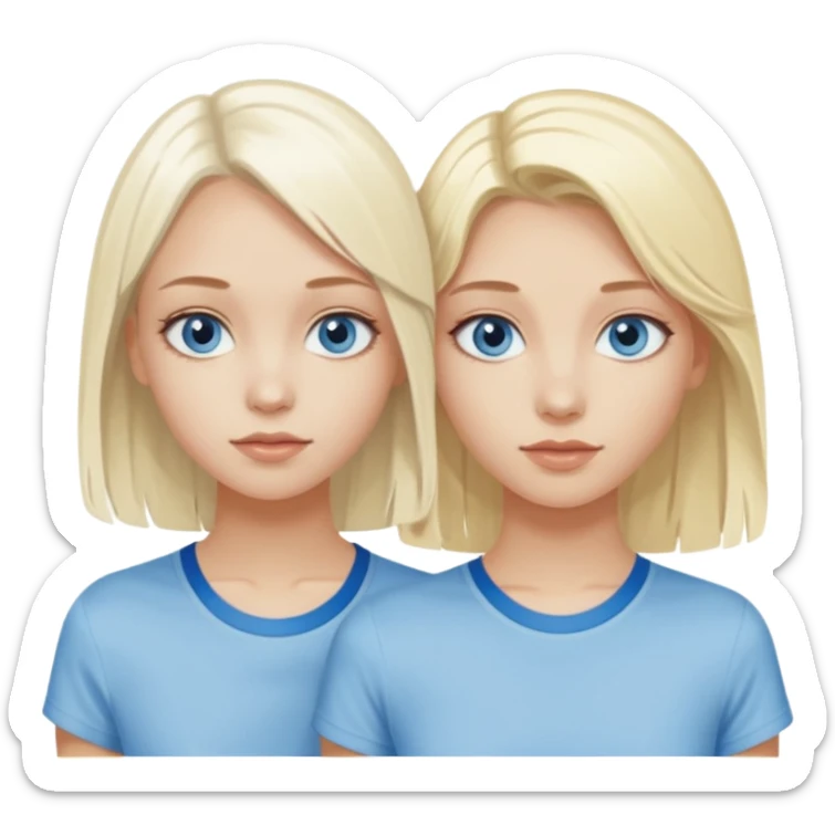 2 caucasian girls, one bleach blonde, then other a slightly darker shades of blonde. both grayish blue eyes. lighter blonde has a skater-y2k aesthetic and the dark blonde has a y2k-coquette aesthetic sticker