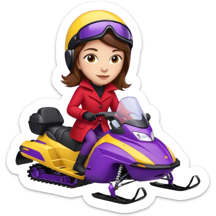Brown hair Woman wearing red coat  on purple and yellow snowmobile sticker