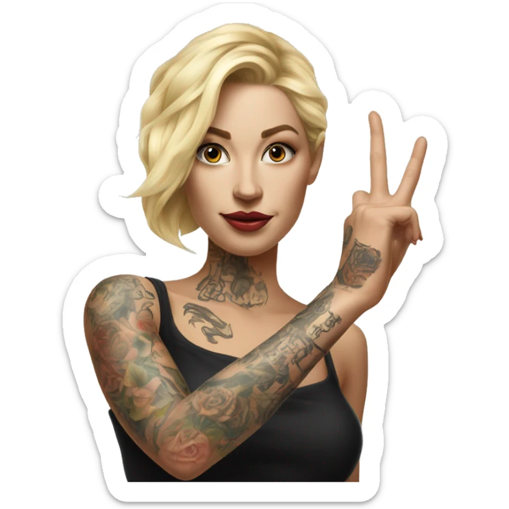 Blonde elegant women, her Body Covered with Tattoos, POINTING to YOU FORWARD with her ONE HAND , Hyper realistic sticker