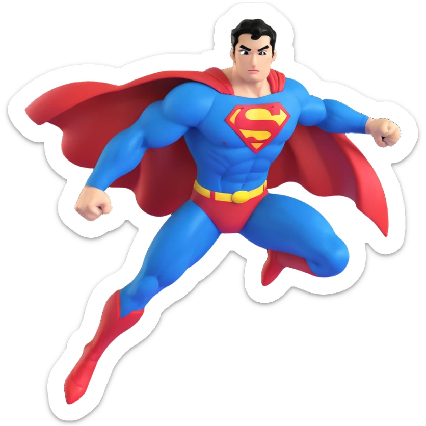 ultra-realistic 3D emoji of Superman, heroic and energetic, flying through a dramatic sky, blue suit, red cape, glowing yellow 'S', muscular build, chiseled jaw, signature black hair curl, sunlight beaming, vibrant colors, shiny and crisp sticker