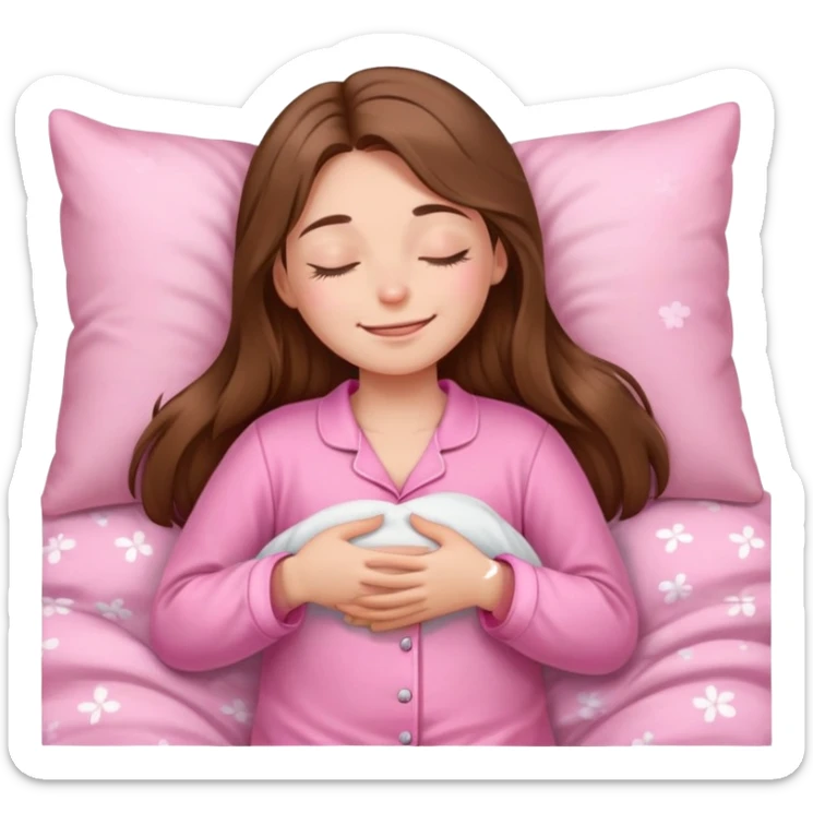 The brown long hair girl going to sleep in pink pajama with smile and closed eyes sticker