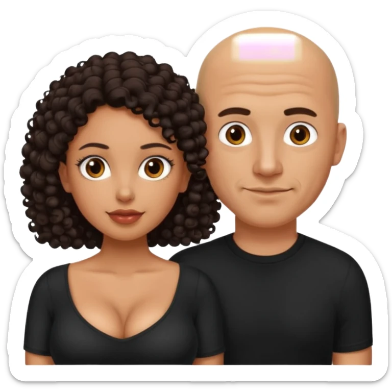 A picture of a sexy tanned couple. the man is Mexican, with a bald hair cut and a black shirt. the woman is mixed, she has curly longer dark brown hair,  she has glasses only, and with big boobs. Take the glasses of the man sticker